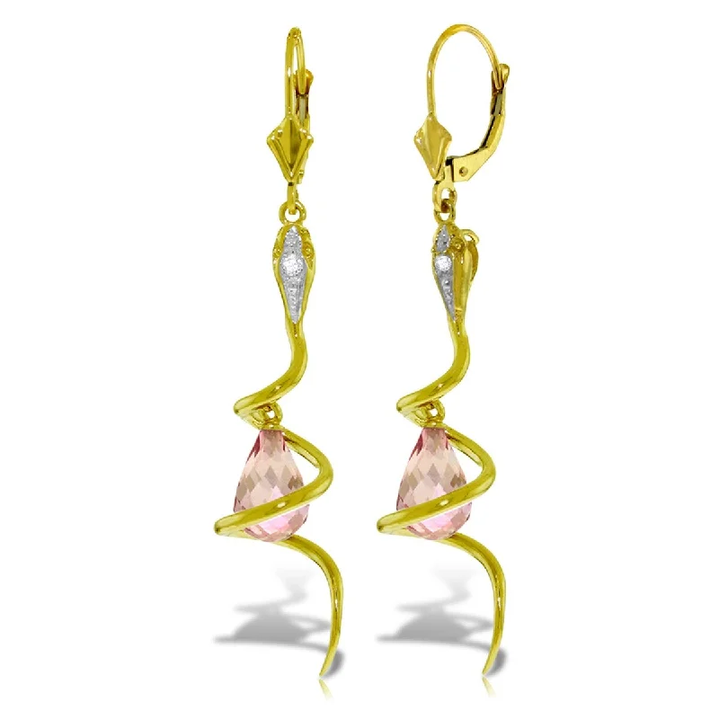 Retro-style opal earrings-14K Solid Gold Snake Earrings w/ Briolette Pink Topaz & Diamonds