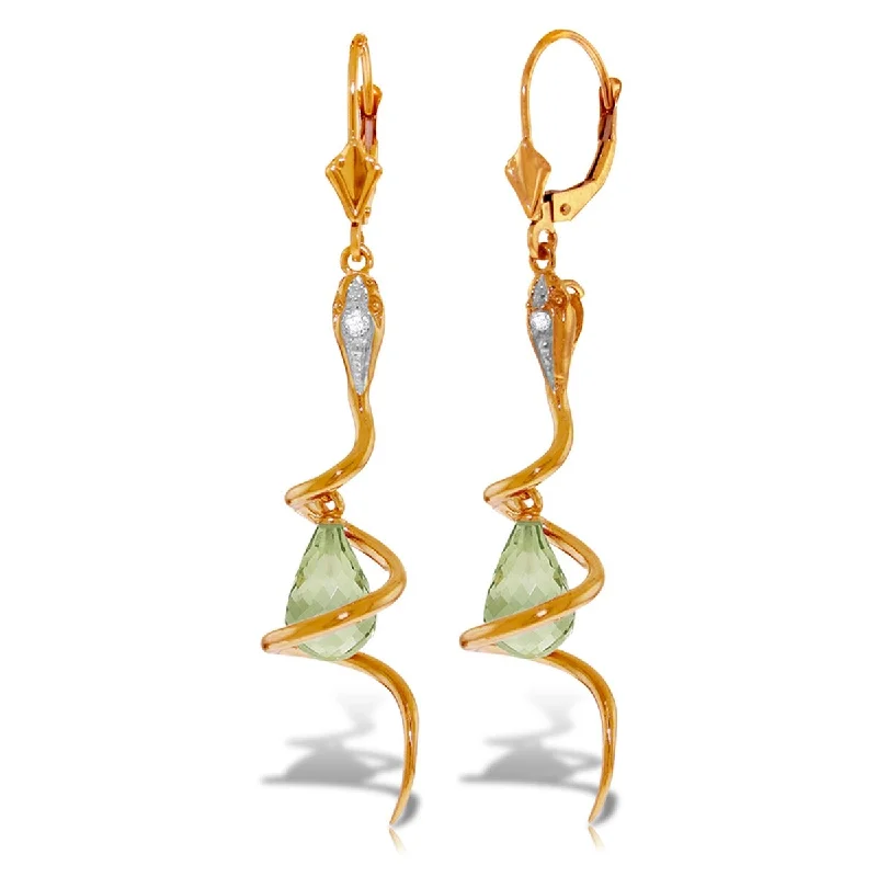 Assorted gem earrings-14K Solid Gold Snake Earrings w/ Dangling Green Amethysts & Diamond