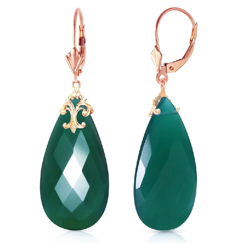 Tattered rim earrings-14K Solid Rose Gold Leverback Earrings with Briolette 31x16 mm Deep Green Chalcedony