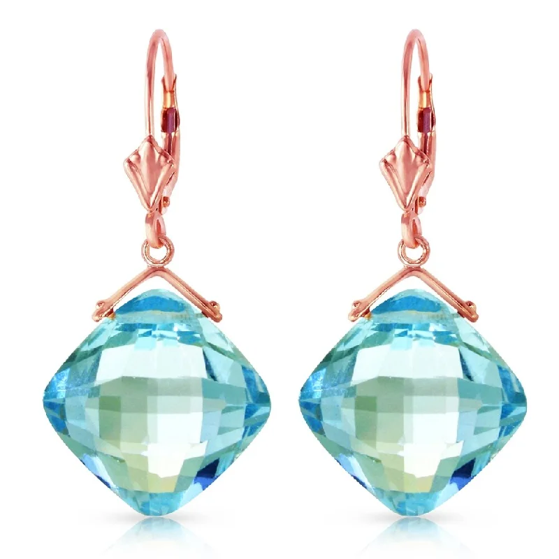 Shimmering stone earrings-14K Solid Rose Gold Leverback Earrings with Checkerboard Cut Blue Topaz