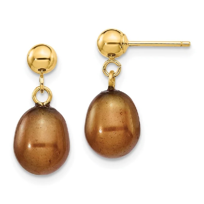 Glowing citrine earrings-14k Yellow Gold Brown Pearl Dangle Earrings (L-17 mm, W-7.5 mm)