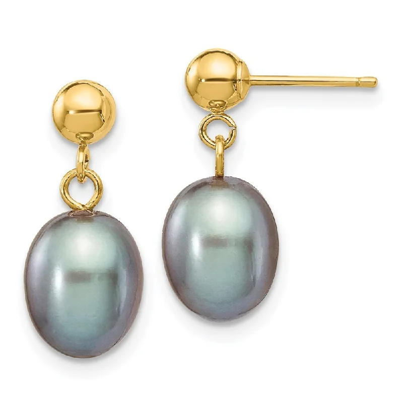 Light weave earrings-14k Yellow Gold Grey Pearl Dangle Earrings (L-16 mm, W-7.5 mm)