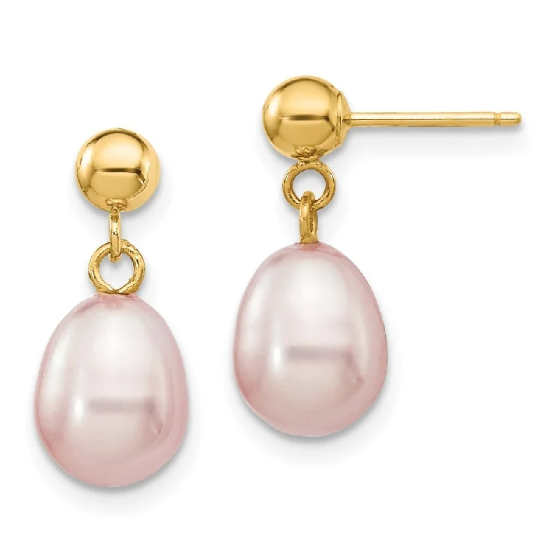 Holo earrings-14k Yellow Gold Purple Pearl Dangle Earrings (L-17 mm, W-7.5 mm)