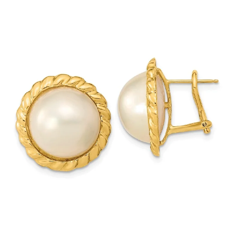 Deep labradorite earrings-14k Yellow Gold White Mabe Freshwater Cultured Pearl Omega Back Earrings (L-13 mm, W-14 mm)