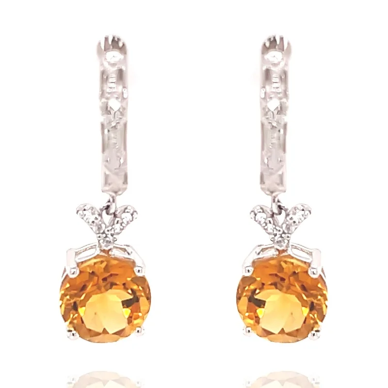 Etched hoop earrings-14Kt White Gold Citrine and Diamond Dangling Earrings