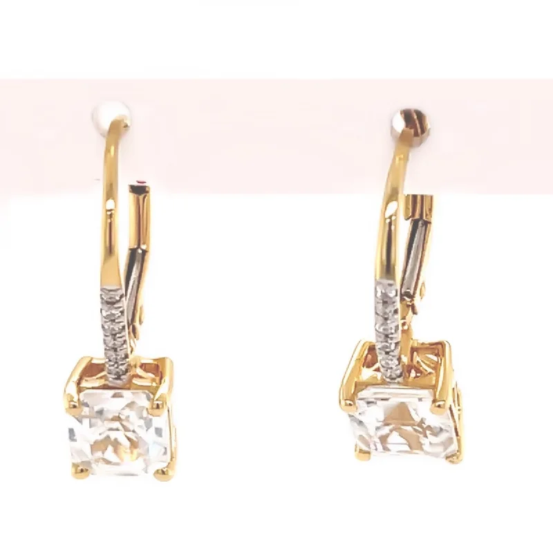 Clean cut earrings-14Kt Yellow Gold White Natural Zircon and Diamond Gemstone Dangle Earrings