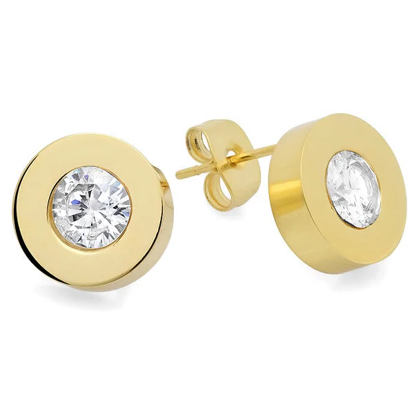 Offset stone earrings-Ladies 18 KT Gold Plated Round Center Stud Earrings