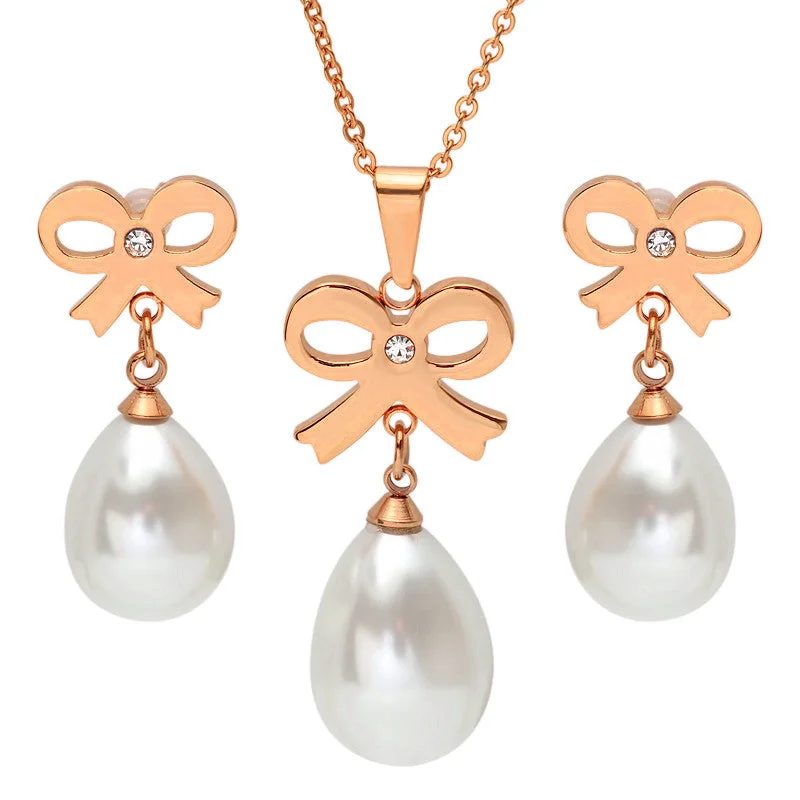 Crafted gold earrings-18 KT Rose Gold Plated Earring/Pendant with Bows and Pearl Drops