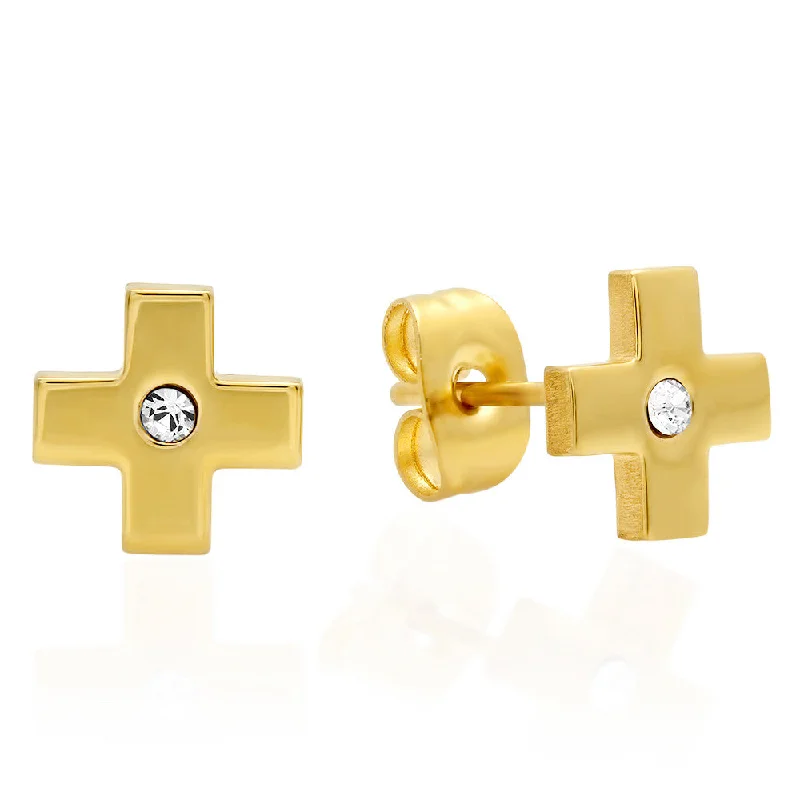 Gentle wave earrings-18kt Gold Plated Stainless Steel Cross Design Stud Earring with SW Stones