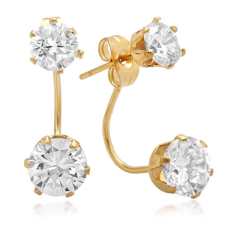 Shiny gem earrings-18k Gold Plated Stainless Steel Double Stone Earrings