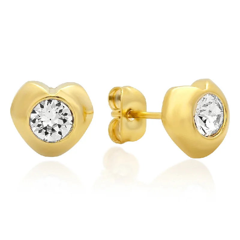 Glimmering gem earrings-18kt Gold Plated Stainless Steel Heart Shape Stud Earrings with SW Stones