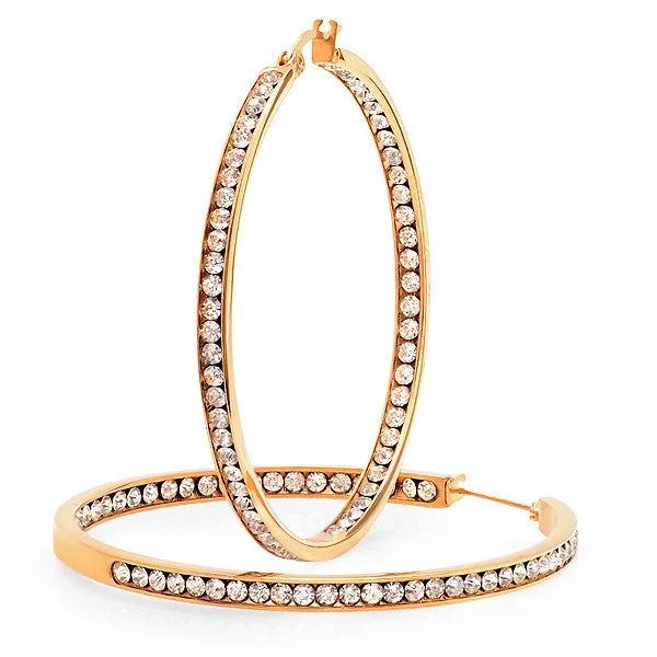 Polished steel earrings-18kt Gold Plated Stainless Steel Hoop Earrings Layered with Cz stones 50mm