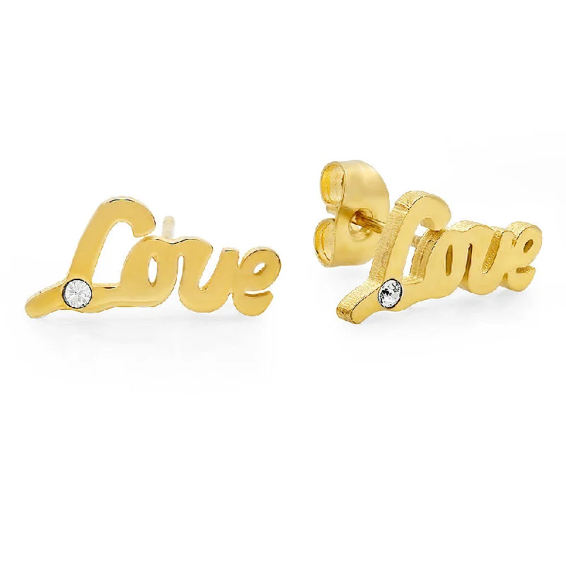 Stamped gem earrings-18kt Gold Plated Stainless Steel Stud Earrings with "Love" and SW Stones Design