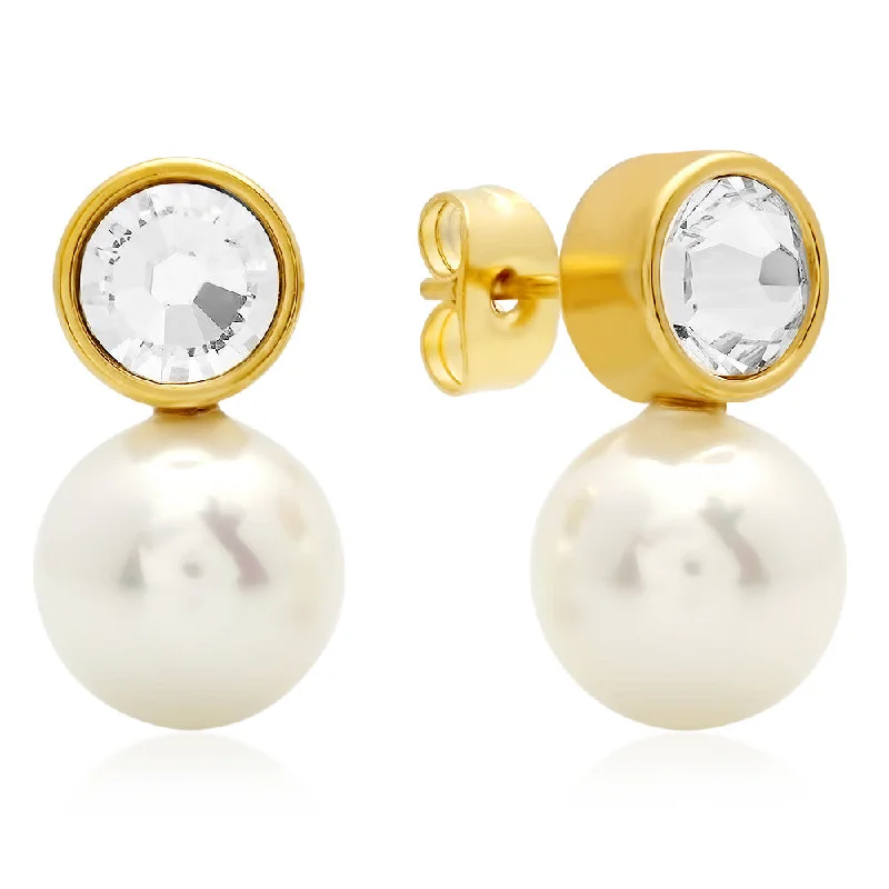 Natural sapphire earrings-18kt Gold Plated Stainless Steel Stud Earrings with Simulated Pearl and SW Stones