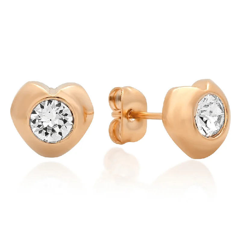 Sharp stone earrings-18kt Rose Gold Plated Stainless Steel Heart Shape Stud Earrings with SW Stones