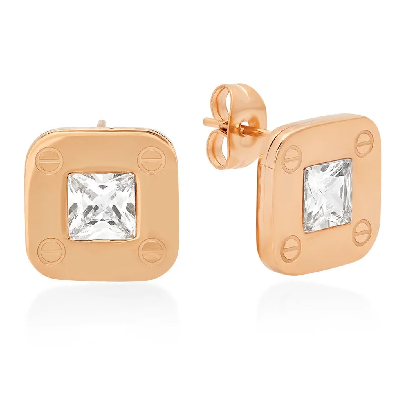 Vintage-edge earrings-18kt Rose Gold Plated Stainless Steel Stud Earrings with Screws and CZ Stones Accent