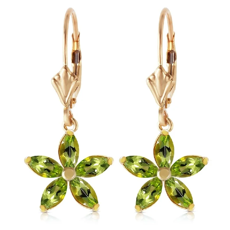 Offset stone earrings-2.8 Carat 14K Solid Gold Leverback Earrings Natural Peridot