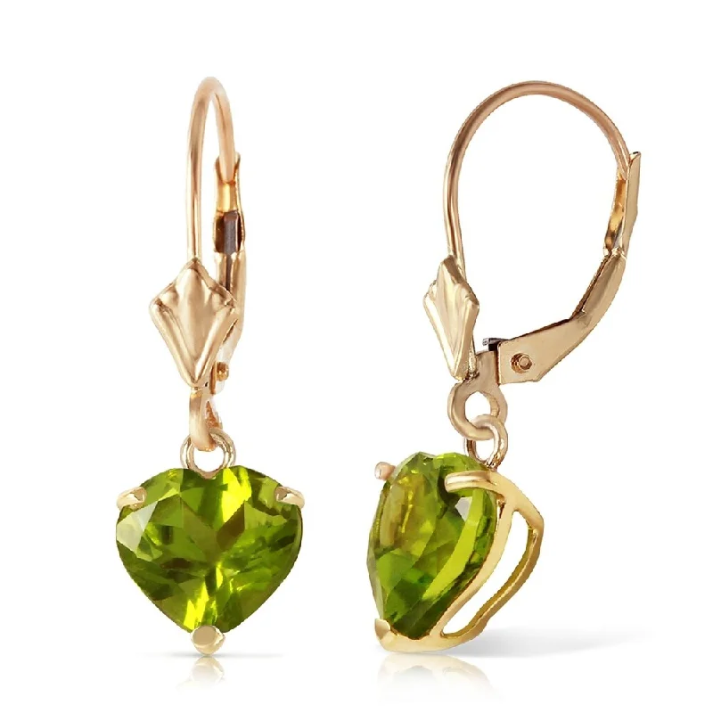 Satin gold earrings-3.25 CTW 14K Solid Gold Leverback Earrings Natural Peridot