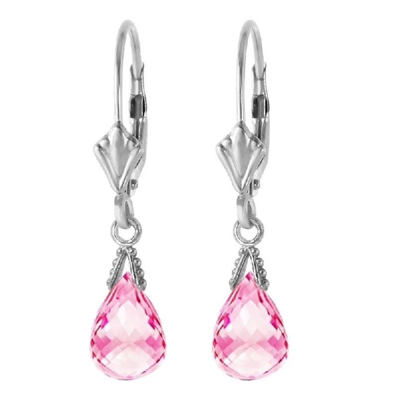 Peaked ridge earrings-4.5 Carat 14K Solid White Gold Leverback Earrings Briolette Pink Topaz