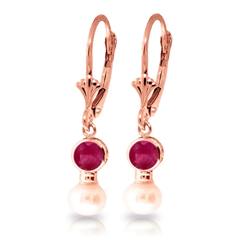 Fused-hoop earrings-5.2 Carat 14K Solid Gold Leverback Earrings Natural Pearl Ruby