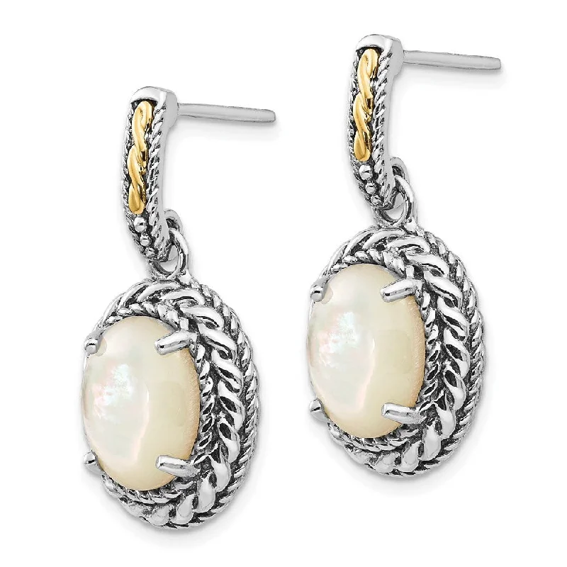 Retro topaz earrings-925 Sterling Silver MOP Dangle Earrings (L-29 mm, W-15 mm)