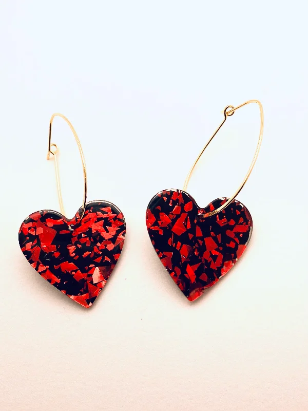 Fluid earrings-Acrylic Heart Earrings, Black/Red Sequins