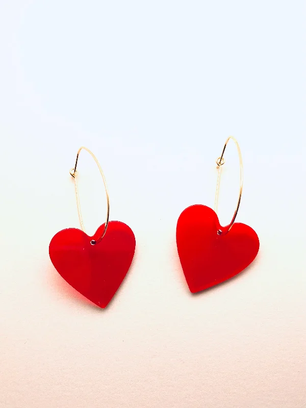 Wire-curve earrings-Acrylic Hearts Earrings, Red