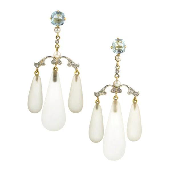 Satin titanium earrings-Aqua, Diamond, Pearl & Rock Crystal Girandole Earrings