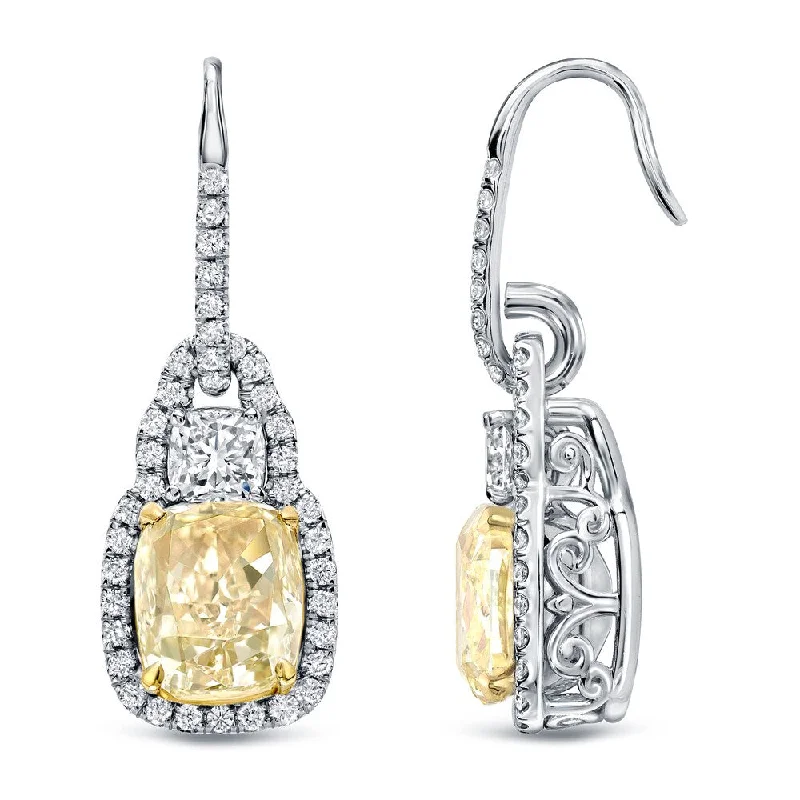 Knotted cord earrings-Auriya 8 1/6ctw Fancy Cushion-cut Halo Light Yellow Diamond Dangle Earrings 18k Gold