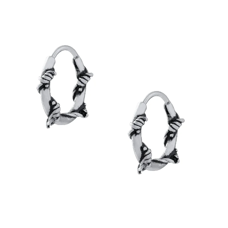 Solid-set pave earrings-Barbed Wire Hoop Earrings