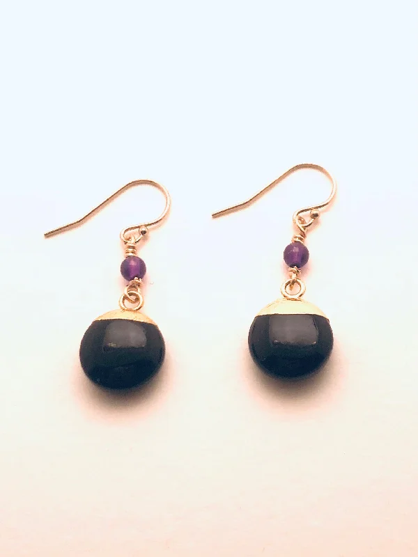 Ridge-set earrings-Black Onyx Coin dipped in Vermeil with Amethyst Accent Bead Earrings