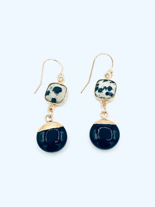 Sparkling drop earrings-Black Onyx Coin dipped in Vermeil with Polka Dot Agate Drop