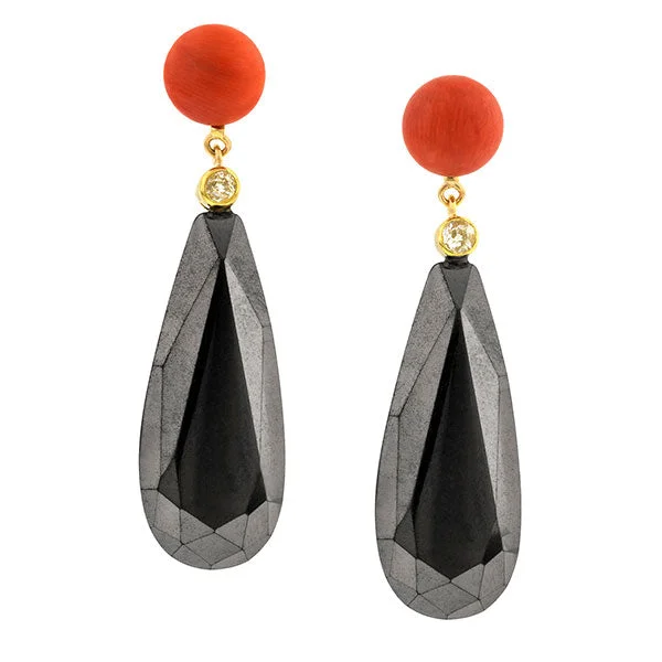 Open-slot earrings-Coral, Diamond & Hematite Earrings