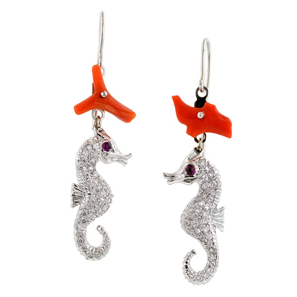 Stellar burst earrings-Coral, Ruby, & Diamond Pave Seahorse Earrings, RBC 0.56ctw.