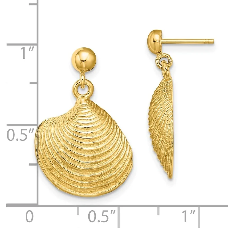 Clean cut earrings-Diamond2Deal 14K Yellow Gold 2-D Textured and Clam Shell Dangle Earrings (L-23 mm, W-16.1 mm)