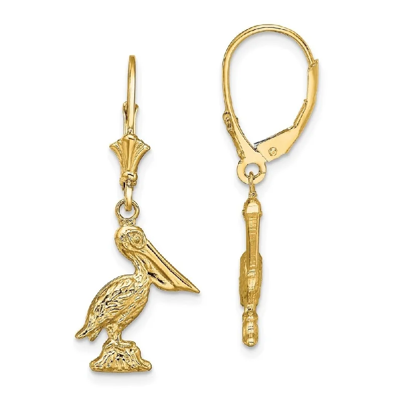 Horizon-cut earrings-Diamond2Deal 14K Yellow Gold 3-D Pelican Standing Earrings with Leverback (L-33.15 mm, W-12.6 mm)