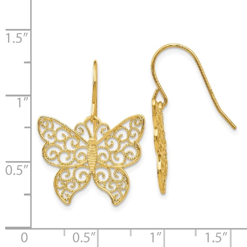 Lush emerald earrings-Diamond2Deal 14K Yellow Gold Butterfly Dangle Earrings (L-25 mm, W-18 mm)