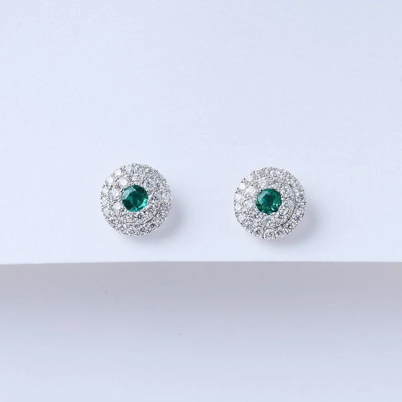 Stippled hoop earrings-Double Halo Emerald Stud Earrings