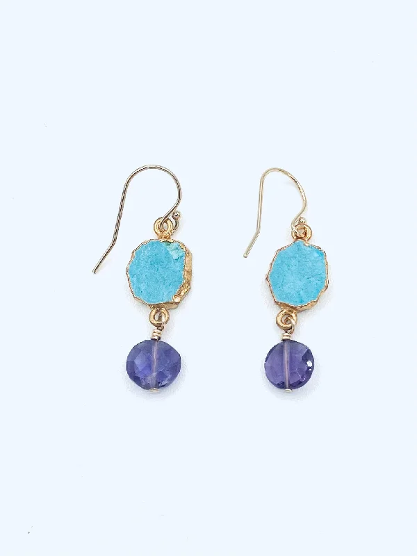 Fine-cut earrings-Earrings with Turquoise, Organic Shape, Wrapped in Vermeil with Amethyst Drop