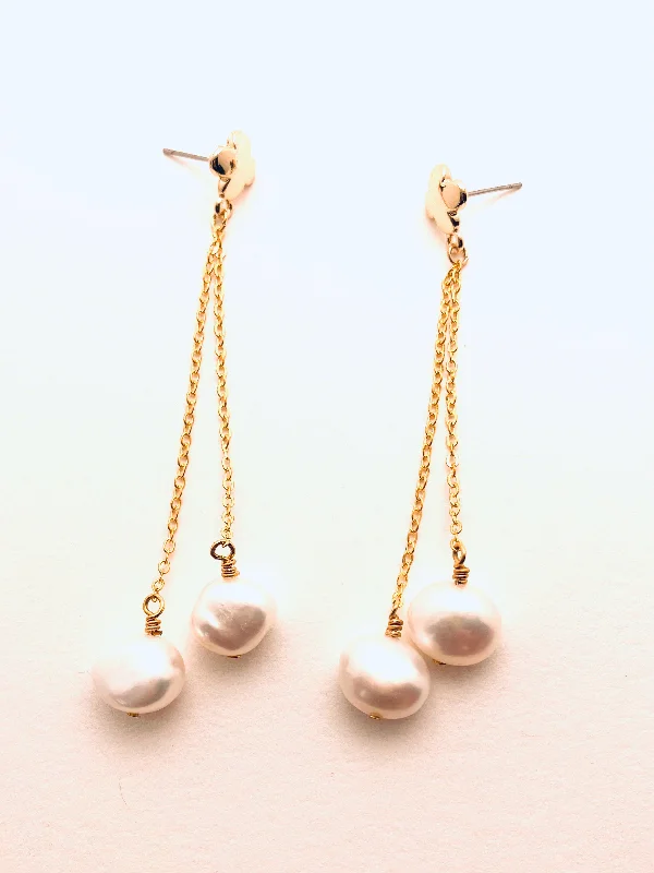 Open-slot earrings-Earrings with Two Large Pearls, Cross and Chain