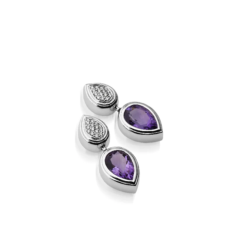 Glimmering gem earrings-Gemini Pave Diamond and Amethyst Dangle Earrings