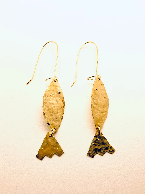 Linked knot earrings-Hand Hammered Fish Earrings