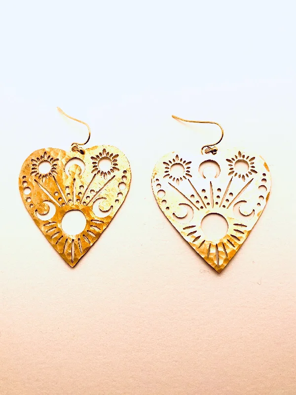 Classic ruby earrings-Hand hammered Large Lace Heart Earrings