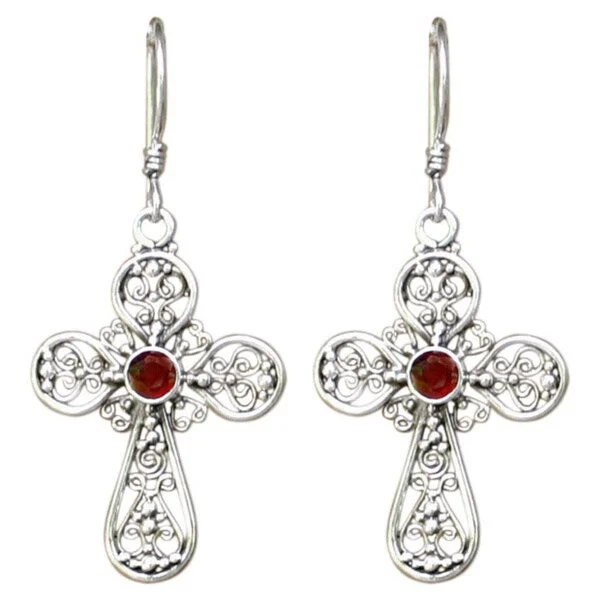 Angled stone earrings-Handmade Floral Cross Sterling Silver Garnet Dangle Earrings (Indonesia)