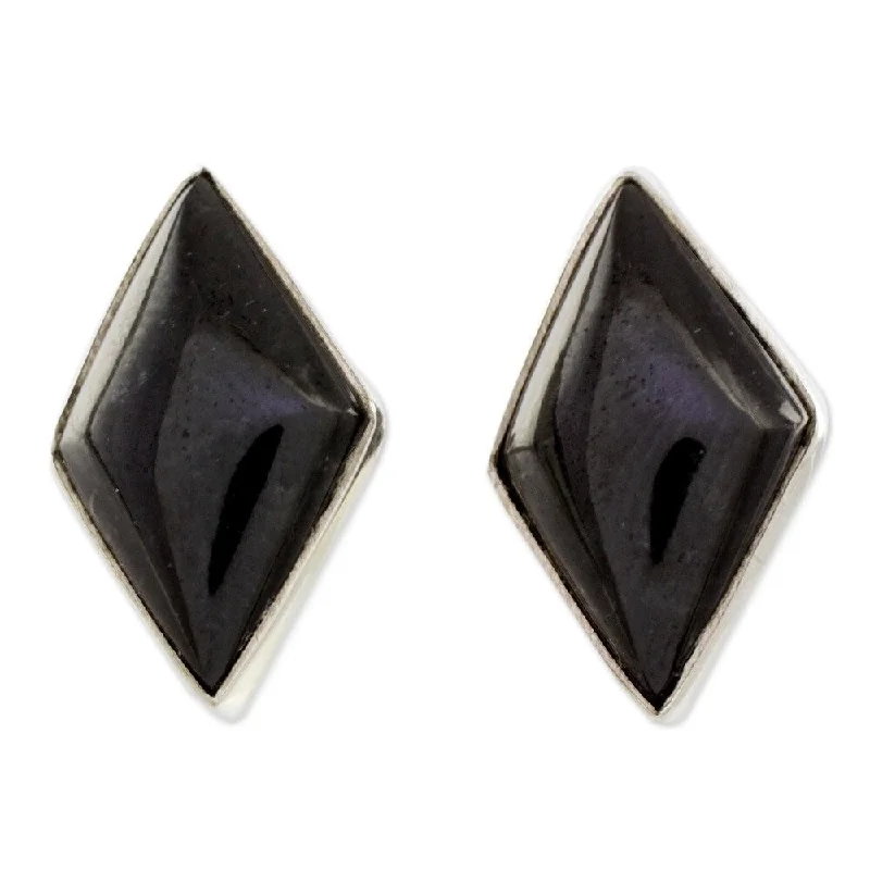 Gentle wave earrings-Handmade Midnight Maya Sterling Silver Diamond Black Jade Earrings (Guatemala) - 0.7L*0.4W