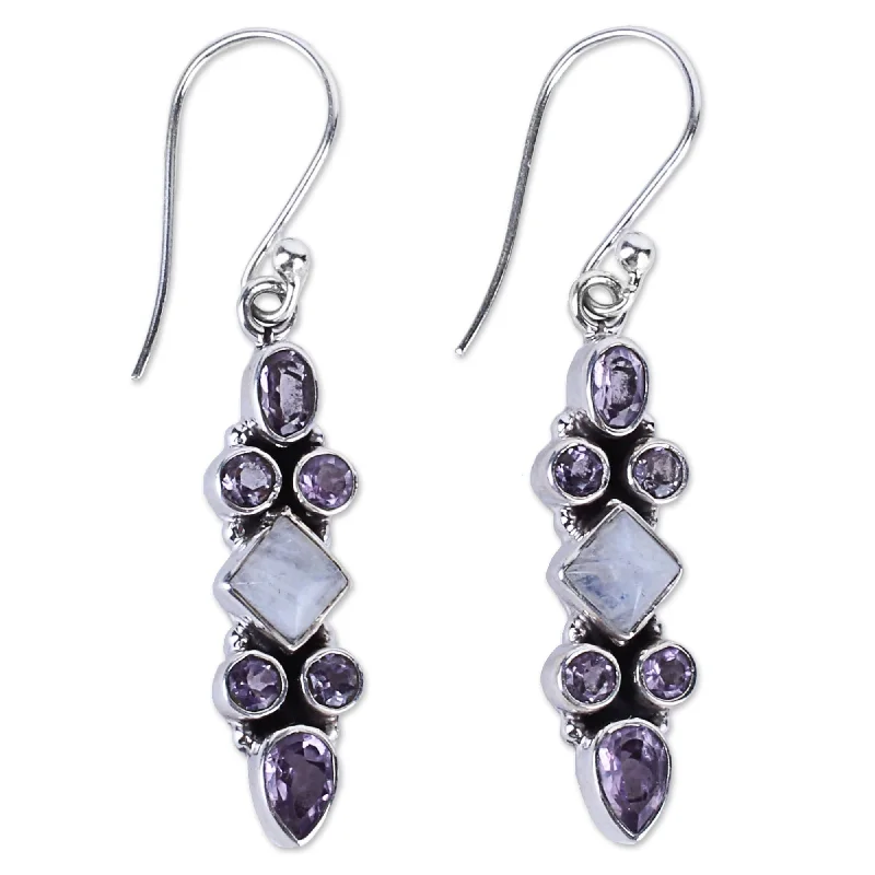 Full sapphire earrings-Handmade Rainbow Moonstone Amethyst Earrings (India) - 1.8*0.3