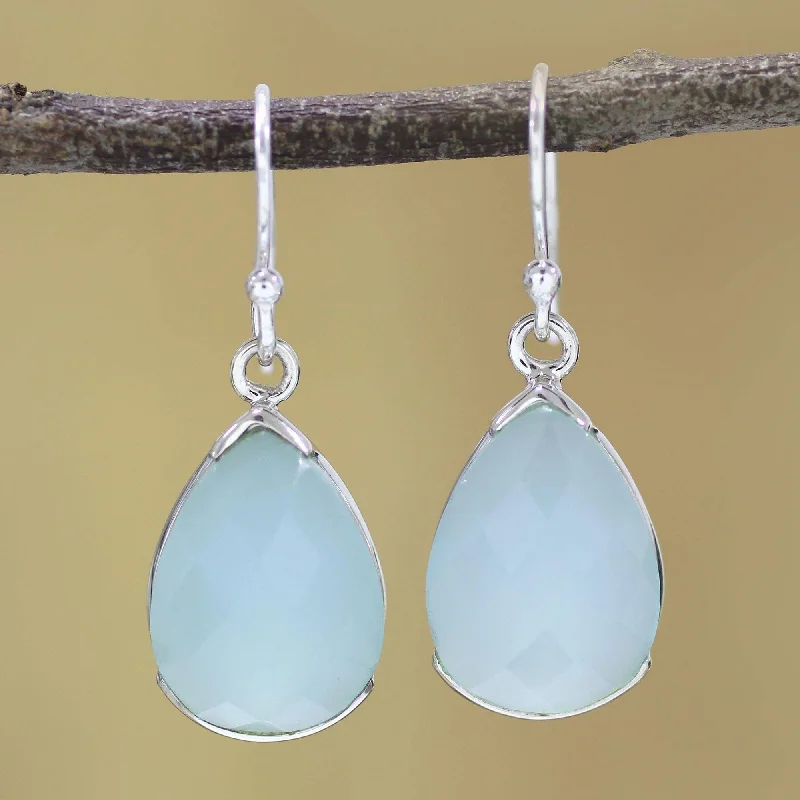 Heavy gold earrings-Handmade Sterling Silver 'Aqua Drops' Chalcedony Earrings (India) - 1.3*0.4