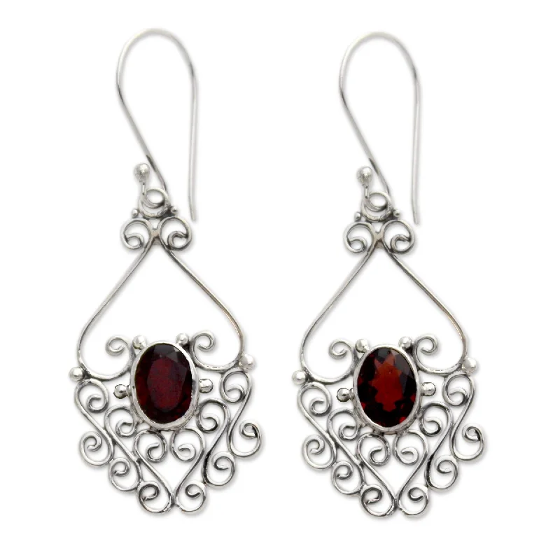 Shimmering stone earrings-Handmade Sterling Silver 'Bali Dynasty' Garnet Filigree Earrings (Indonesia)