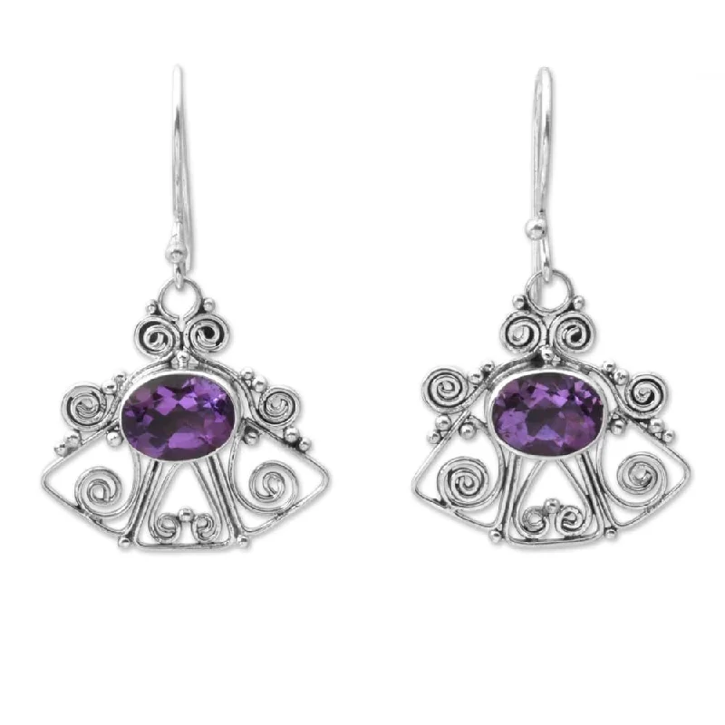 Wire-curve earrings-Handmade Sterling Silver 'Balinese Bell' Amethyst Dangle Earrings (Indonesia)