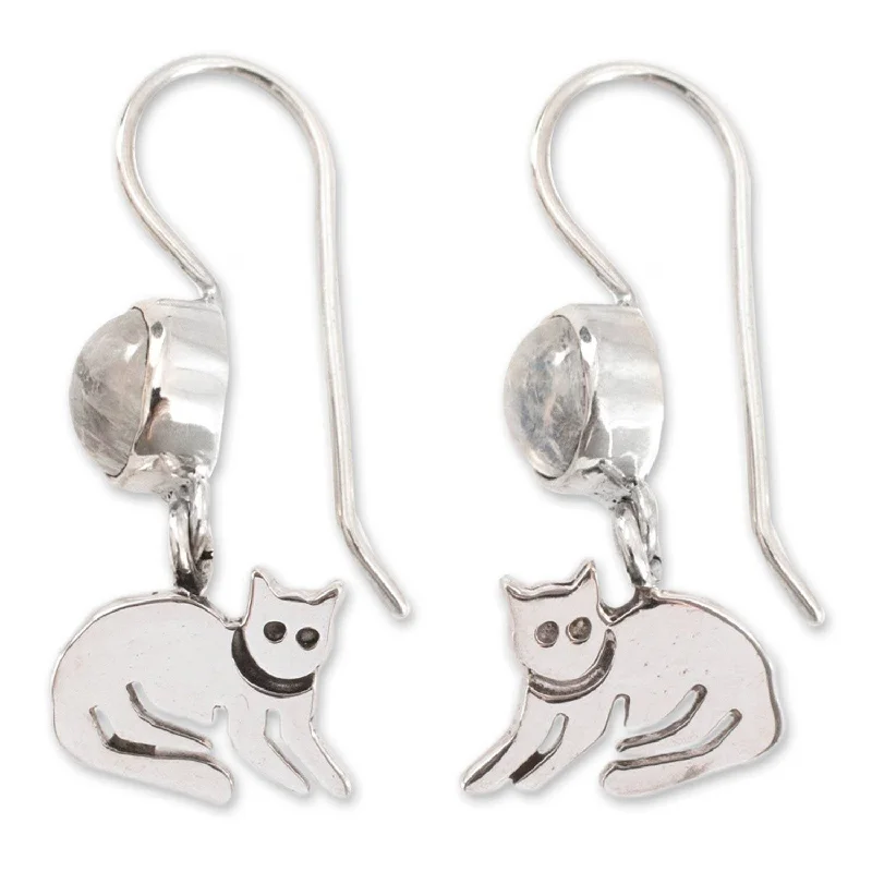 Wild pearl earrings-Handmade Sterling Silver Cool Kitty Cat Moonstone Earrings (Mexico)